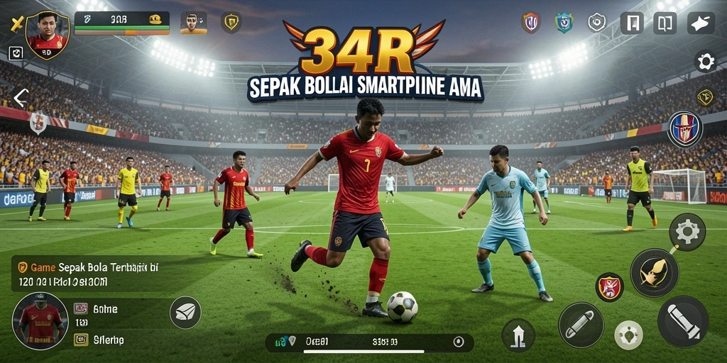 Screenshot utama 34R menampilkan aksi seru di lapangan sepak bola.